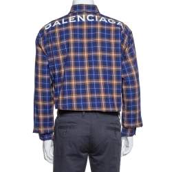 Balenciaga Blue Logo Print Checked Cotton Flannel Oversized Shirt M 