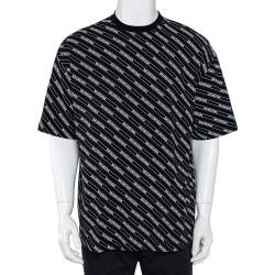 Pre Owned Balenciaga Black Logo Printed Cotton Crewneck T-Shirt M