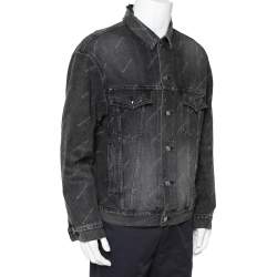 Pre Owned Balenciaga Grey Logo Printed Denim Distressed Collar Detail Jacket M