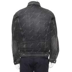 Pre Owned Balenciaga Grey Logo Printed Denim Distressed Collar Detail Jacket M