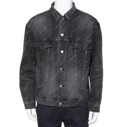 Pre Owned Balenciaga Grey Logo Printed Denim Distressed Collar Detail Jacket M