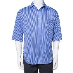 Pre Owned Balenciaga Blue Striped Knit Hi-Low Hem Oversized Shirt XS