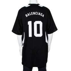 Pre Owned Balenciaga Black Logo Printed Jersey Paneled Soccer T-Shirt M