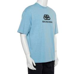 Pre Owned Balenciaga Blue Cotton Crewneck Logo Print T-Shirt M
