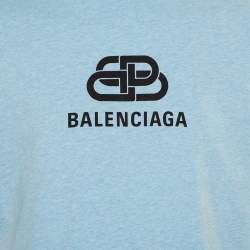 Pre Owned Balenciaga Blue Cotton Crewneck Logo Print T-Shirt M