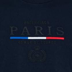 Pre Owned Balenciaga Navy Blue Cotton Crewneck Logo Embroidered T-Shirt S