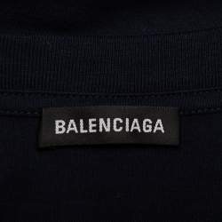 Pre Owned Balenciaga Navy Blue Cotton Crewneck Logo Embroidered T-Shirt S