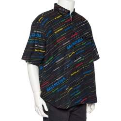 Pre Owned Balenciaga Navy Blue Allover Logo Printed Cotton Frayed Short Sleeve Shirt L