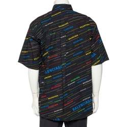 Pre Owned Balenciaga Navy Blue Allover Logo Printed Cotton Frayed Short Sleeve Shirt L