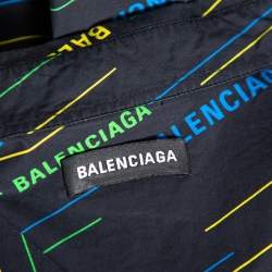 Pre Owned Balenciaga Navy Blue Allover Logo Printed Cotton Frayed Short Sleeve Shirt L