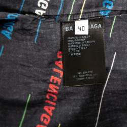 Pre Owned Balenciaga Navy Blue Allover Logo Printed Cotton Frayed Short Sleeve Shirt L