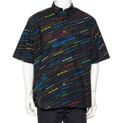 Pre Owned Balenciaga Navy Blue Allover Logo Printed Cotton Frayed Short Sleeve Shirt L