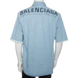 Balenciaga Blue Denim Frayed Detail Button Front Shirt S