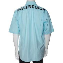 Pre Owned Balenciaga Light Blue Cotton Logo Print Detailed Short Sleeve Oversized Shirt S