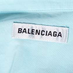 Pre Owned Balenciaga Light Blue Cotton Logo Print Detailed Short Sleeve Oversized Shirt S