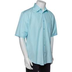 Pre Owned Balenciaga Light Blue Cotton Logo Print Detailed Short Sleeve Oversized Shirt S