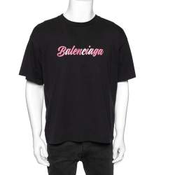 مملوكة مسبقًا Balenciaga Black Cotton Logo Printed Crew Neck T-shirt L
