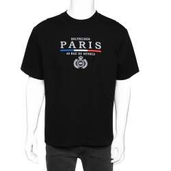 Pre Owned تي شيرت بالنسياغا قطن أسود مطرز شعار الماركة رقبة مستديرة أكمام قصيرة كبير الحجم مقاس كبير (لارج)