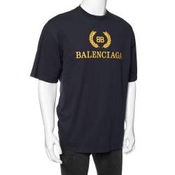 Pre Owned Balenciaga Navy Blue Logo Printed Crew Neck Short Sleeve T-Shirt M