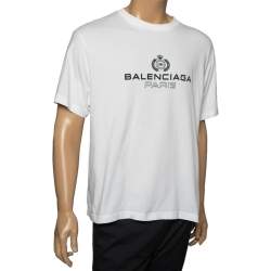 Pre Owned Balenciaga White Cotton Logo Printed Crew Neck T-Shirt L