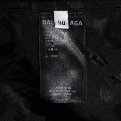 Pre Owned Balenciaga Black Satin Allover Logo Oversized Long Sleeves Shirt M