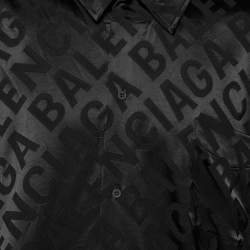 Pre Owned Balenciaga Black Satin Allover Logo Oversized Long Sleeves Shirt M