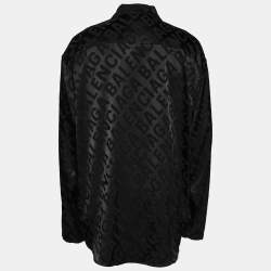 Pre Owned Balenciaga Black Satin Allover Logo Oversized Long Sleeves Shirt M