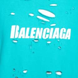 مملوكة مسبقًا Balenciaga Blue Logo Distressed Cotton Sweatshirt Hoodie M