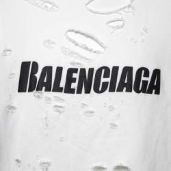 Balenciaga White Logo Distressed Cotton Sweatshirt Hoodie M