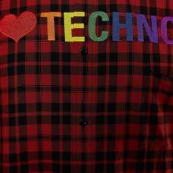 Pre Owned Balenciaga Red Plaid 'I Love Techno' Embroidered Oversized Shirt S