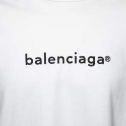 Pre Owned Balenciaga White Cotton Logo Printed Short Sleeve T-Shirt M