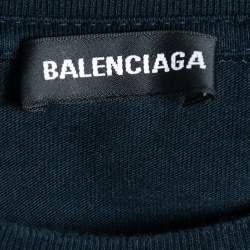 Pre Owned Balenciaga Navy Blue Logo Embroidered Cotton T-Shirt S