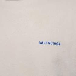 Pre Owned Balenciaga Cream Cotton Logo Printed Crewneck T Shirt M