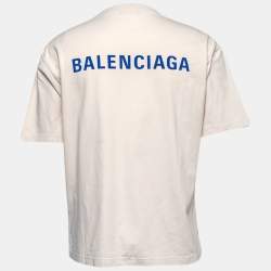 Pre Owned Balenciaga Cream Cotton Logo Printed Crewneck T Shirt M