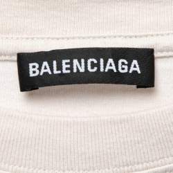 Pre Owned Balenciaga Cream Cotton Logo Printed Crewneck T Shirt M