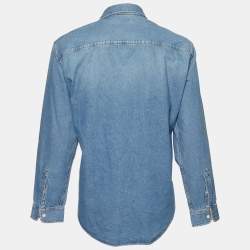 Pre Owned Balenciaga Blue Denim Logo Embroidered Oversized Shirt M