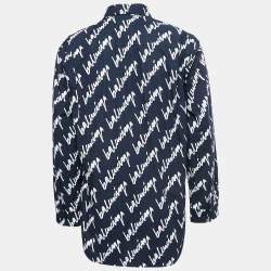 Pre Owned Balenciaga Midnight Blue Cotton All Over Logo Printed Oversized Shirt XS