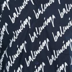 Pre Owned Balenciaga Midnight Blue Cotton All Over Logo Printed Oversized Shirt XS