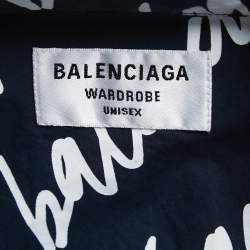 Pre Owned Balenciaga Midnight Blue Cotton All Over Logo Printed Oversized Shirt XS