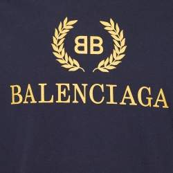Pre Owned Balenciaga Navy Blue Logo Printed Cotton Knit Oversized T-Shirt S