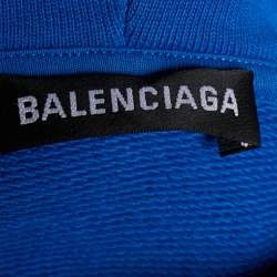 Pre Owned Balenciaga Blue Cotton Knit Logo Printed Oversized Hoodie S