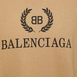 Pre Owned Balenciaga Camel Beige Logo Print Cotton Oversized T-Shirt S
