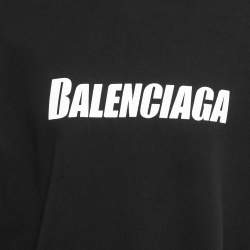 Pre Owned Balenciaga Black Logo Printed Distressed Cotton Knit Hoodie XS