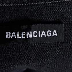 Pre Owned Balenciaga Black Logo Printed Denim Frayed Sleeve Oversized Shirt M