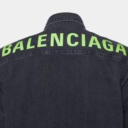 Pre Owned Balenciaga Black Logo Printed Denim Frayed Sleeve Oversized Shirt M