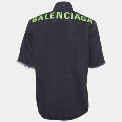 Pre Owned Balenciaga Black Logo Printed Denim Frayed Sleeve Oversized Shirt M