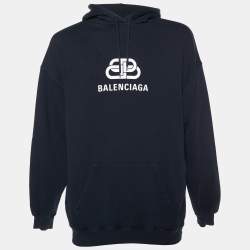 Pre Owned Balenciaga Black Logo Printed Cotton Knit Oversized Hoodie M