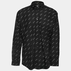 Pre Owned Balenciaga Black All-Over Logo Print Cotton Button Down Full Sleeve Shirt M