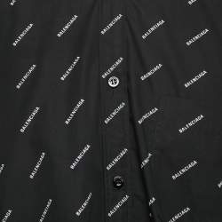 Pre Owned Balenciaga Black All-Over Logo Print Cotton Button Down Full Sleeve Shirt M