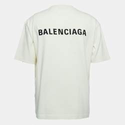 Pre Owned Balenciaga Cream Logo Embroidered Cotton Half Sleeve T-Shirt XS